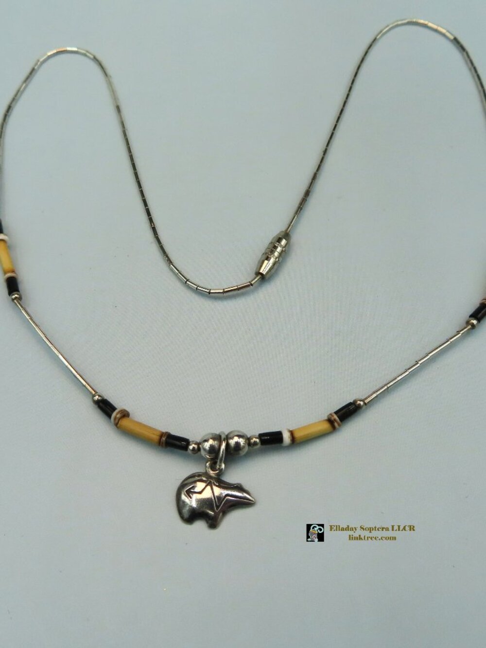Sterling Silver Heishi Black Onyx & Shell & Wood & Liquid Silver beaded Necklace